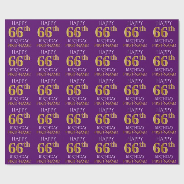 Papel De Presente Roxo, Dourado "FELIZ 66 ANOS" (Aberto)
