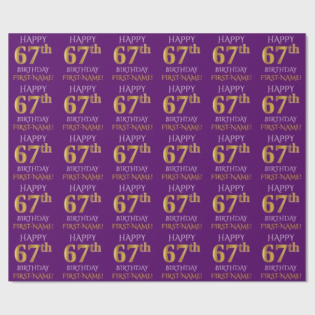 Papel De Presente Roxo, Dourado "FELIZ 67 ANOS" (Aberto)