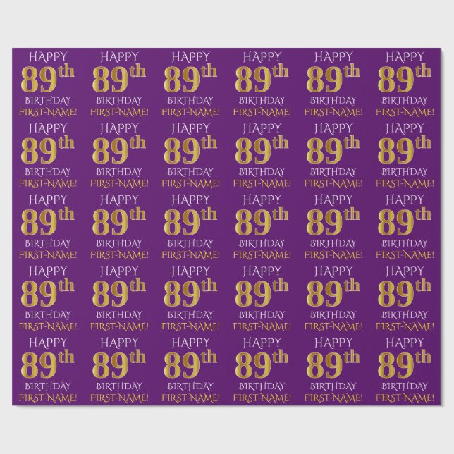 Papel De Presente Roxo, Dourado "FELIZ 89º ANIVERSÁRIO" (Aberto)