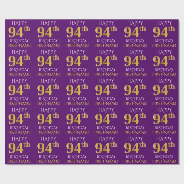 Papel De Presente Roxo, Dourado "FELIZ 94 ANOS" (Aberto)