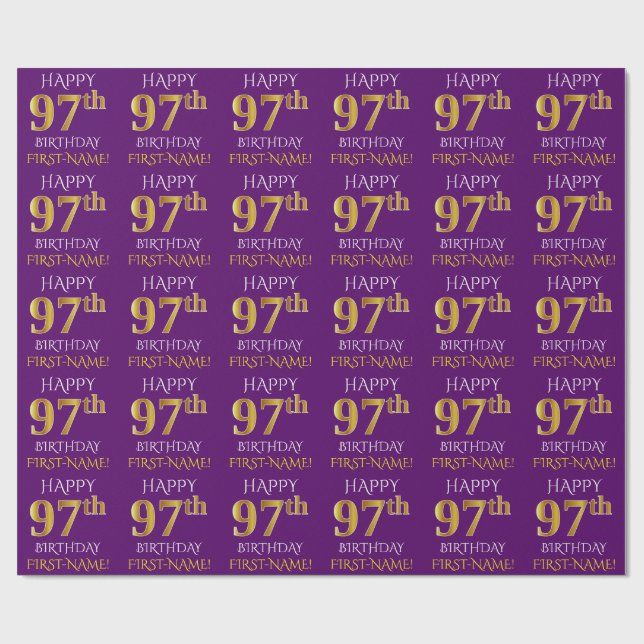 Papel De Presente Roxo, Dourado "FELIZ 97º ANIVERSÁRIO" (Aberto)