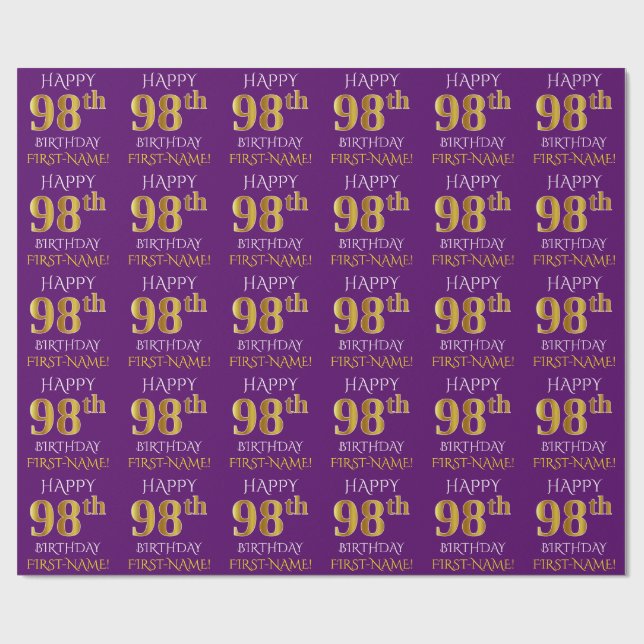 Papel De Presente Roxo, Dourado "FELIZ 98 ANOS" (Aberto)