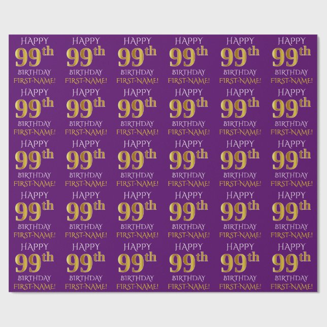 Papel De Presente Roxo, Dourado "FELIZ 99º ANIVERSÁRIO" (Aberto)