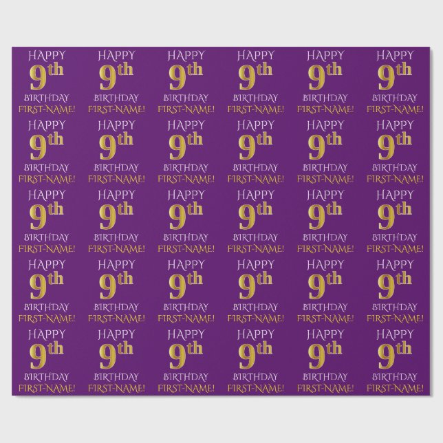 Papel De Presente Roxo, Dourado "FELIZ 9 ANOS" (Aberto)