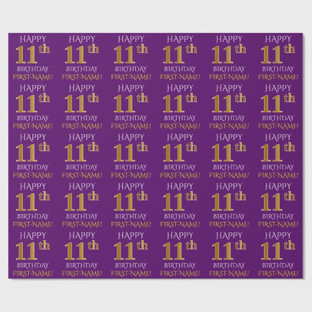Papel De Presente Roxo, Dourado "FELIZ ANIVERSÁRIO 11" (Aberto)