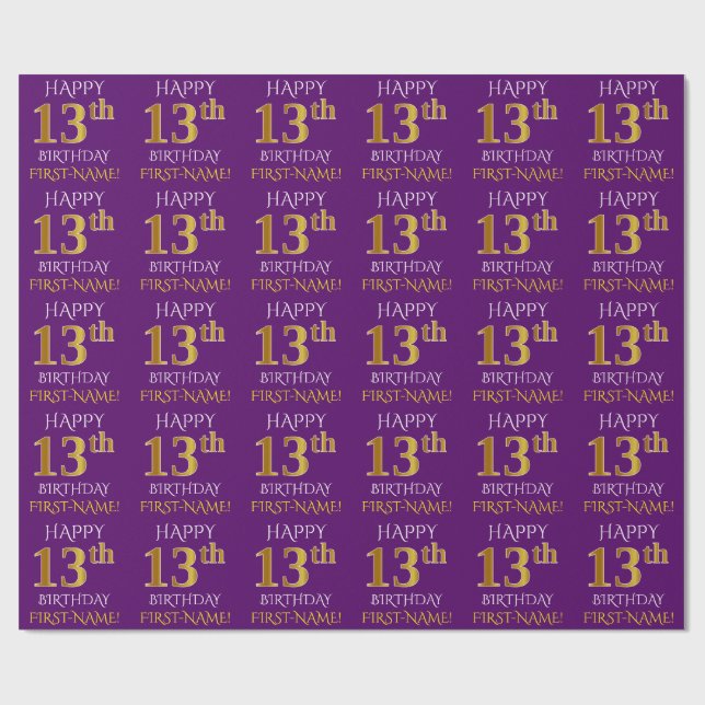 Papel De Presente Roxo, Dourado "FELIZ ANIVERSÁRIO 13" (Aberto)
