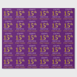 Papel De Presente Roxo, Dourado "FELIZ ANIVERSÁRIO 15"
