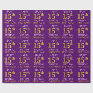 Papel De Presente Roxo, Dourado "FELIZ ANIVERSÁRIO 15"