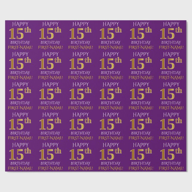 Papel De Presente Roxo, Dourado "FELIZ ANIVERSÁRIO 15" (Aberto)