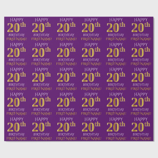 Papel De Presente Roxo, Dourado "FELIZ ANIVERSÁRIO 20" (Aberto)
