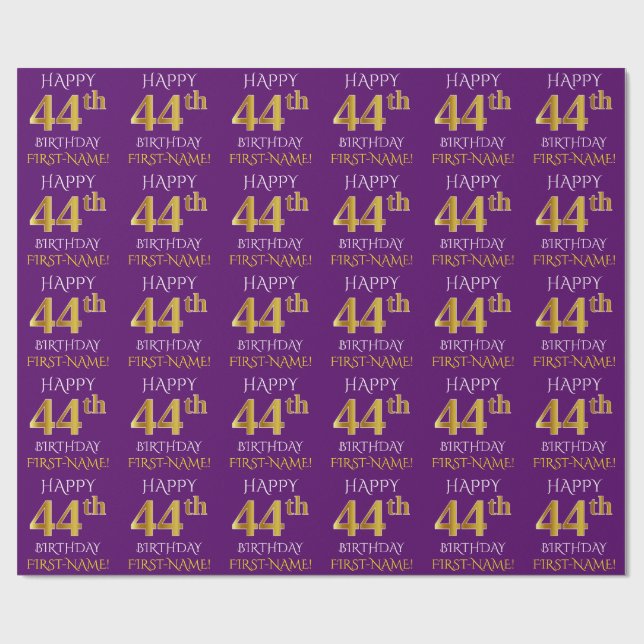 Papel De Presente Roxo, Dourado "FELIZ ANIVERSÁRIO 44" (Aberto)
