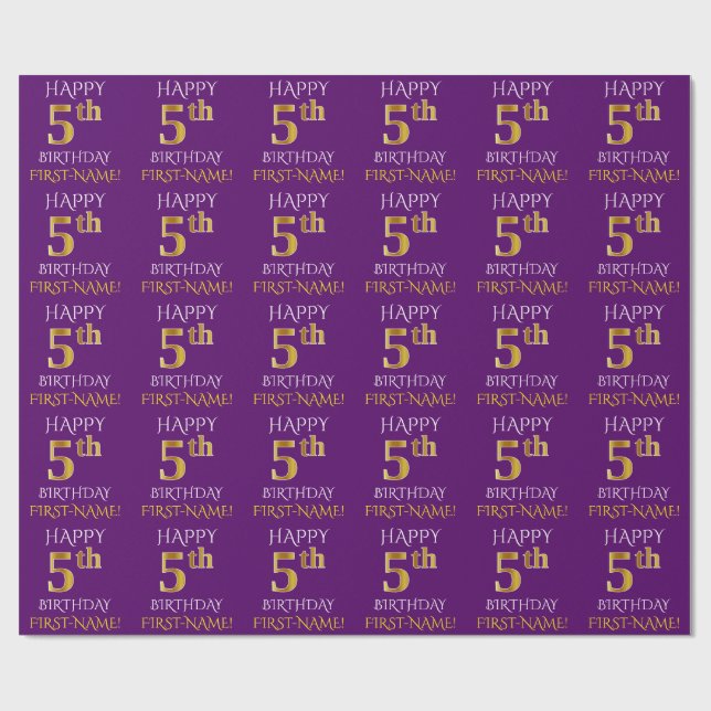Papel De Presente Roxo, Dourado "FELIZ ANIVERSÁRIO 5" (Aberto)