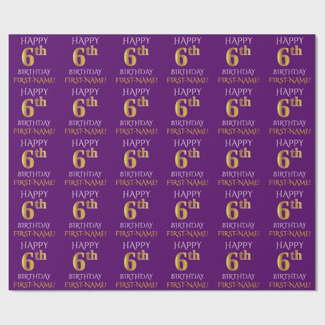 Papel De Presente Roxo, Dourado "FELIZ ANIVERSÁRIO 6" (Aberto)