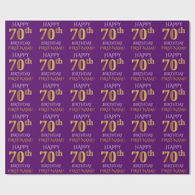 Papel De Presente Roxo, Dourado "FELIZ ANIVERSÁRIO 70" (Aberto)