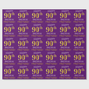 Papel De Presente Roxo, Dourado "FELIZ ANIVERSÁRIO 90"