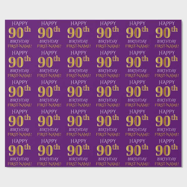 Papel De Presente Roxo, Dourado "FELIZ ANIVERSÁRIO 90" (Aberto)