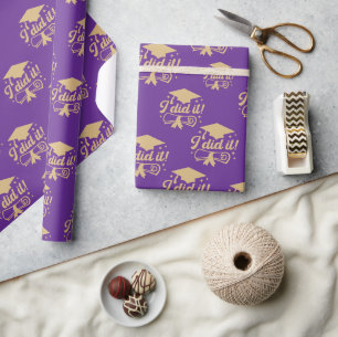 Papel De Presente Roxo e Dourado escrito Eu consegui Graduação