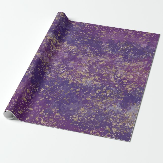 Papel De Presente Roxo e Dourado Glam Moderno com Salpicos (Desenrolado)