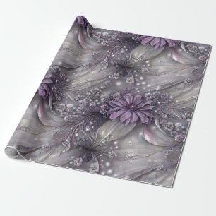 Papel De Presente Roxo Elegante e Cinza Floral, Miçangas e Luz