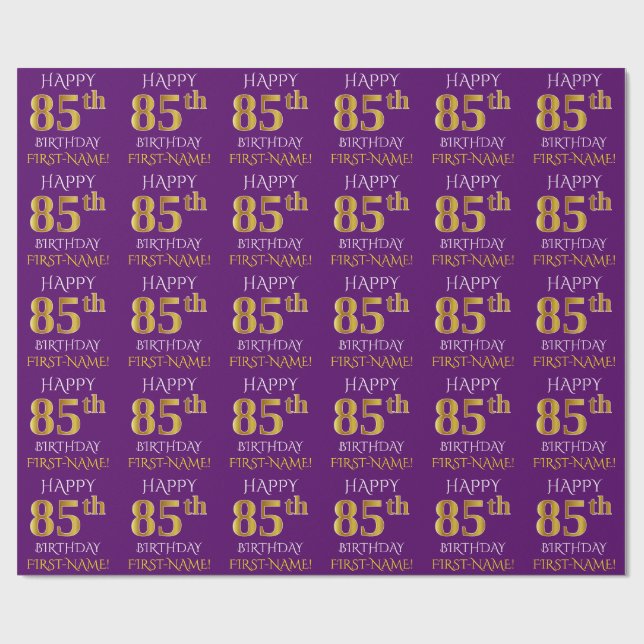 Papel De Presente Roxo, Faux Dourado "FELIZ 85º ANIVERSÁRIO" (Aberto)