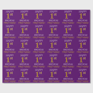 Papel De Presente Roxo, Faux Dourado "primeiro aniversario FELIZ"
