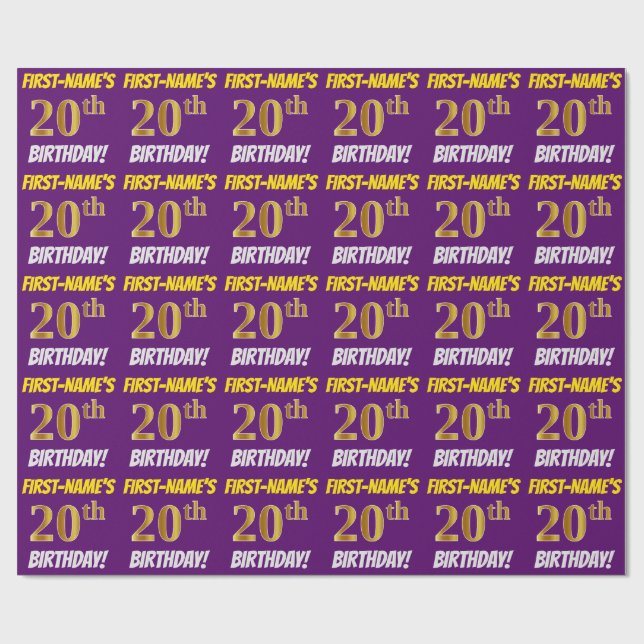 Papel De Presente Roxo, Faux/Imitação Dourada, "20 DE ANIVERSÁRIO" (Aberto)