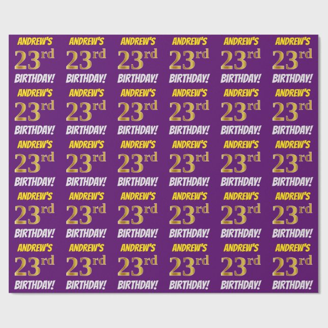 Papel De Presente Roxo, Faux/Imitação Dourada, "23º ANIVERSÁRIO" (Aberto)