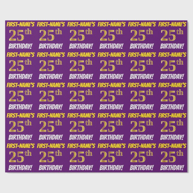 Papel De Presente Roxo, Faux/Imitação Dourada, "25 DE ANIVERSÁRIO" (Aberto)