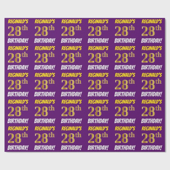 Papel De Presente Roxo, Faux/Imitação Dourada, "28º ANIVERSÁRIO" (Aberto)