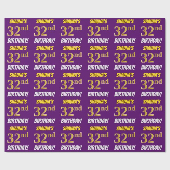 Papel De Presente Roxo, Faux/Imitação Dourada, "32º ANIVERSÁRIO" (Aberto)