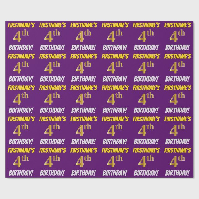 Papel De Presente Roxo, Faux/Imitação Dourada, "4º ANIVERSÁRIO" (Aberto)