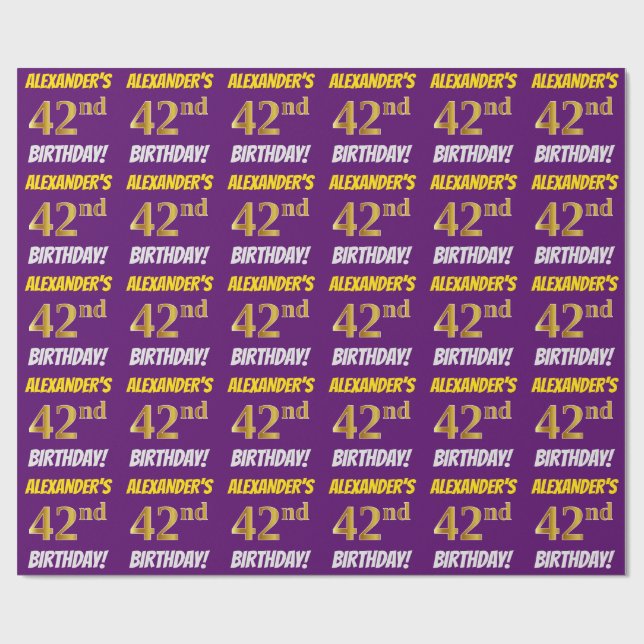 Papel De Presente Roxo, Faux/Imitação Dourada, "42º ANIVERSÁRIO" (Aberto)