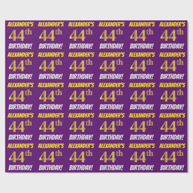 Papel De Presente Roxo, Faux/Imitação Dourada, "44 DE ANIVERSÁRIO" (Aberto)