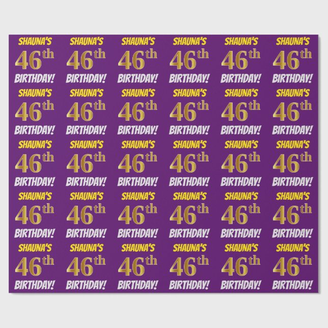 Papel De Presente Roxo, Faux/Imitação Dourada, "46 ANOS" (Aberto)