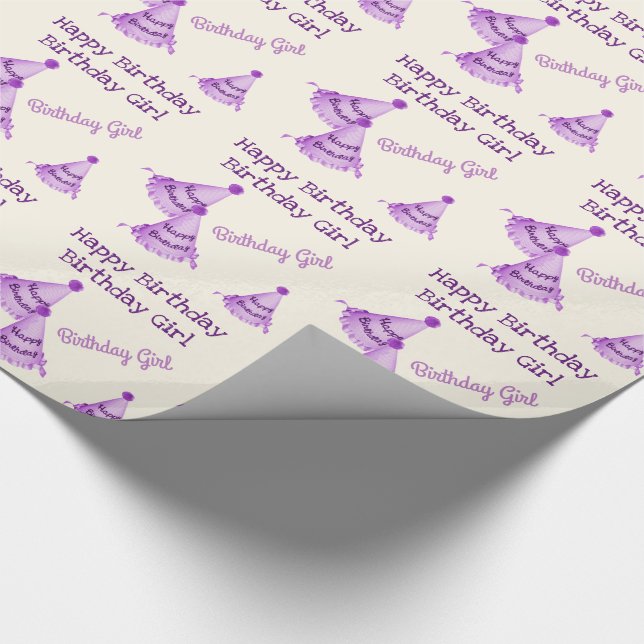 Papel De Presente Roxo Feliz Aniversário Rapariga - ou Nome - Chapéu (Ponta)