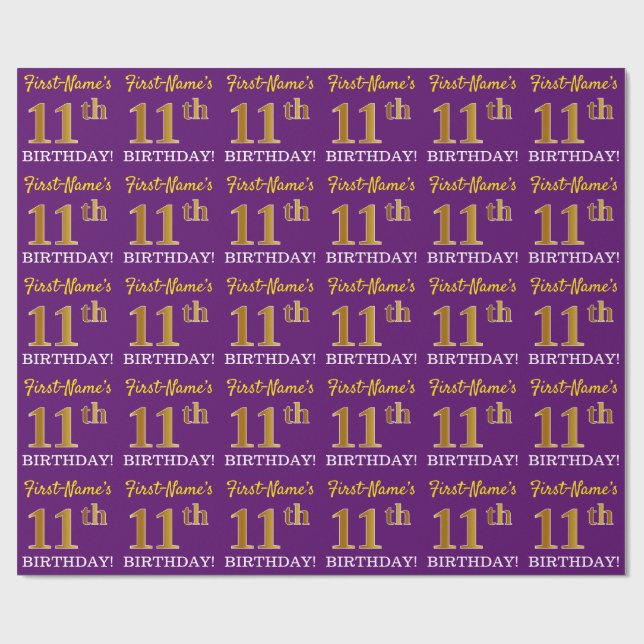 Papel De Presente Roxo, Imitação Dourada "11 BIRTHDAY" (Aberto)