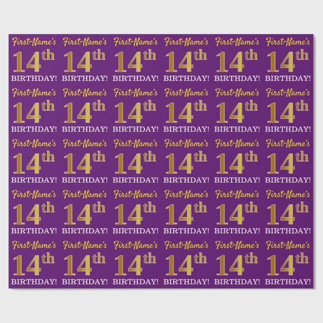 Papel De Presente Roxo, Imitação Dourada "14 BIRTHDAY" (Aberto)
