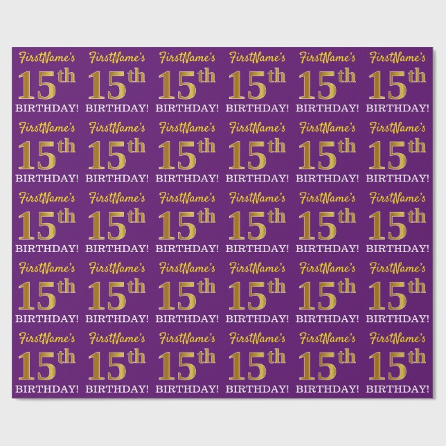 Papel De Presente Roxo, Imitação Dourada "15 BIRTHDAY" (Aberto)