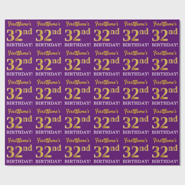 Papel De Presente Roxo, Imitação Dourada "32º ANIVERSÁRIO" (Aberto)