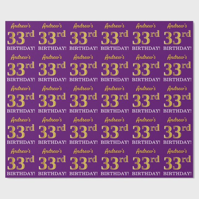 Papel De Presente Roxo, Imitação Dourada "33º ANIVERSÁRIO" (Aberto)
