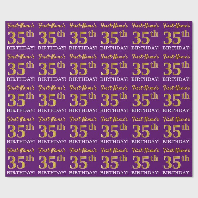 Papel De Presente Roxo, Imitação Dourada "35 ANOS" (Aberto)