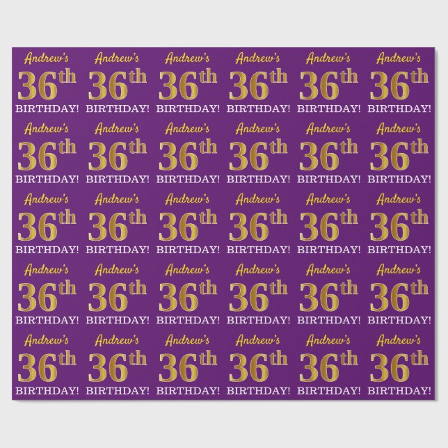 Papel De Presente Roxo, Imitação Dourada "36 ANOS" (Aberto)