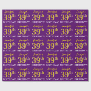Papel De Presente Roxo, Imitação Dourada "39 ANOS"