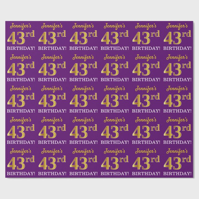 Papel De Presente Roxo, Imitação Dourada "43º ANIVERSÁRIO" (Aberto)