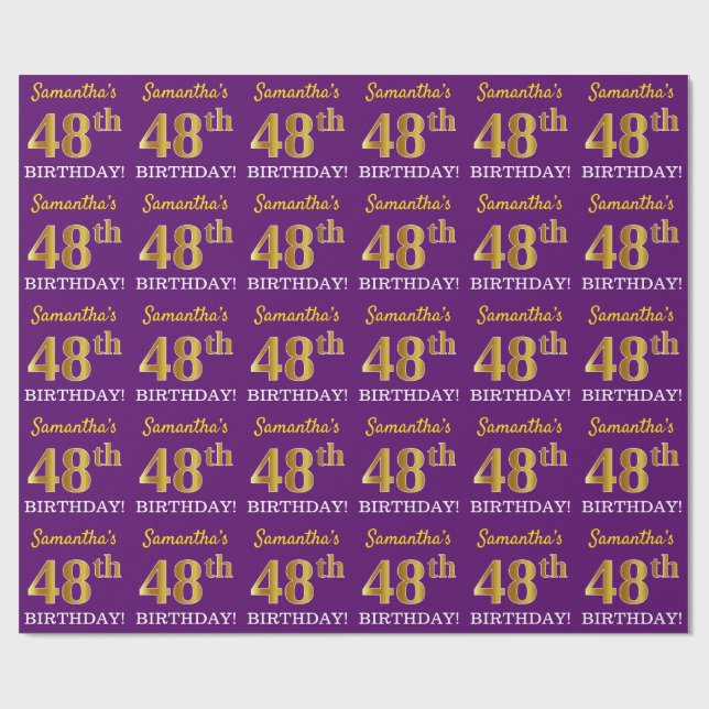 Papel De Presente Roxo, Imitação Dourada "48º ANIVERSÁRIO" (Aberto)