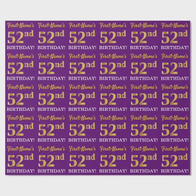 Papel De Presente Roxo, Imitação Dourada "52º ANIVERSÁRIO" (Aberto)
