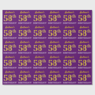 Papel De Presente Roxo, Imitação Dourada "58º ANIVERSÁRIO"