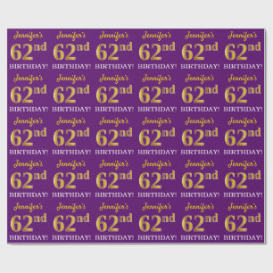 Papel De Presente Roxo, Imitação Dourada "62º ANIVERSÁRIO"