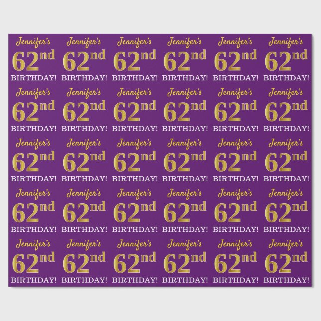 Papel De Presente Roxo, Imitação Dourada "62º ANIVERSÁRIO" (Aberto)