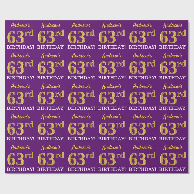 Papel De Presente Roxo, Imitação Dourada "63º ANIVERSÁRIO" (Aberto)
